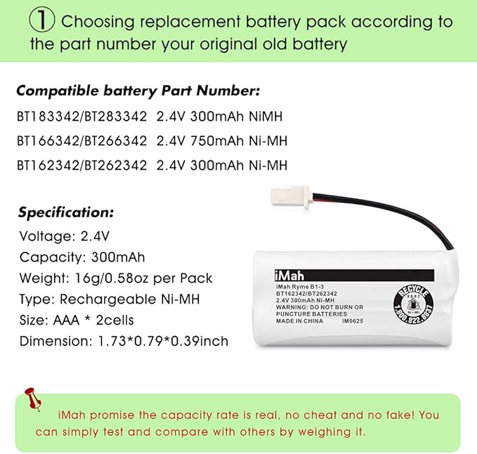 iMah BT162342/BT262342 2.4V 300mAh Ni-MH Cordless Phone Batteries Compatible with VTech CS6719 CS6114 CS6409 CS6419 CS6429 AT&T CL80112 EL52300 EL52400 Handset Telephone, Pack of 4
