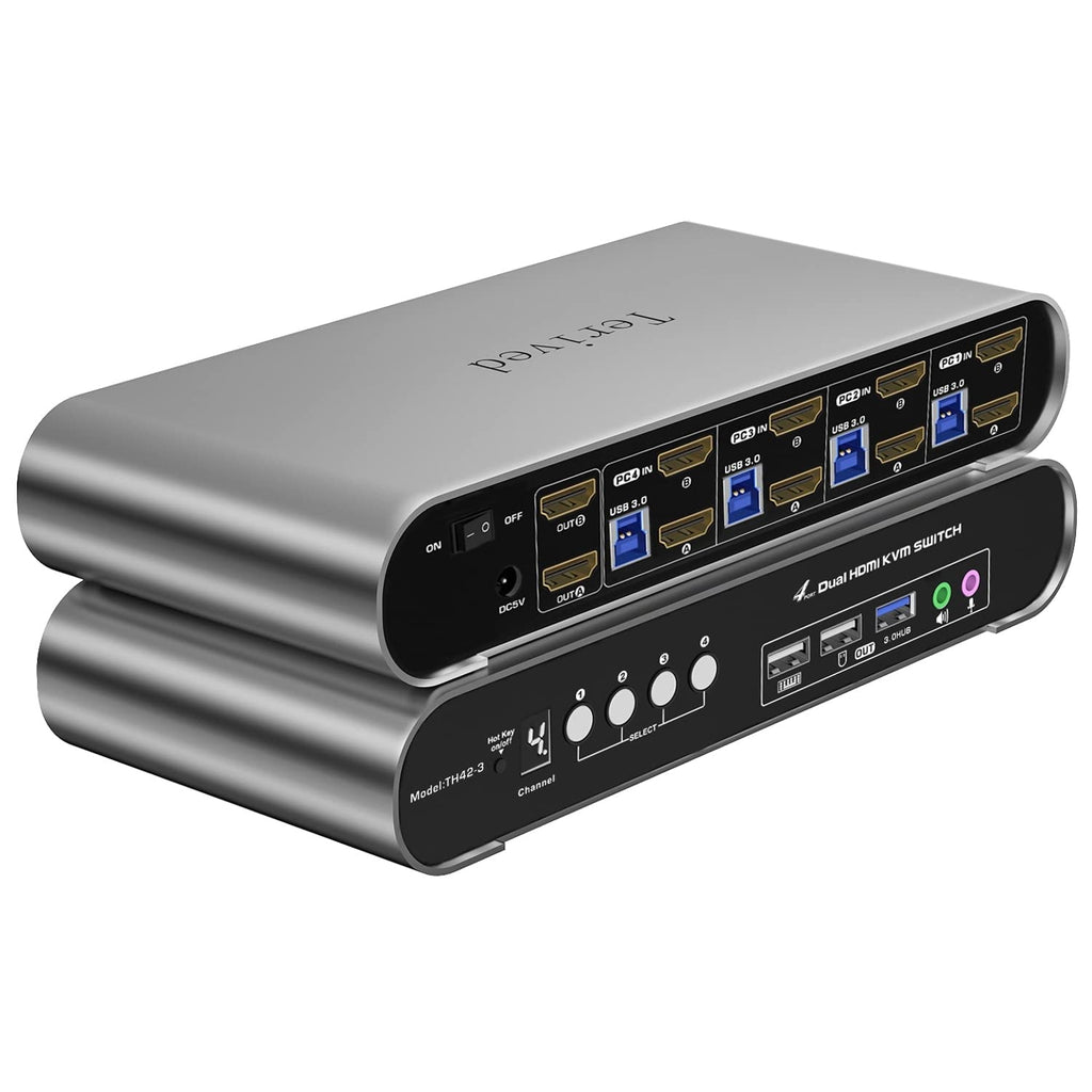 Terived 4 Computers 2 Monitors USB 3.0 HDMI KVM Switch 4K@60Hz with Hotkey Switching, Automatic Switching 4 Port Dual Monitor, Aluminum, Digital Display, USB 3.0 Audio/Mic, EDID, HDR10 with Cables