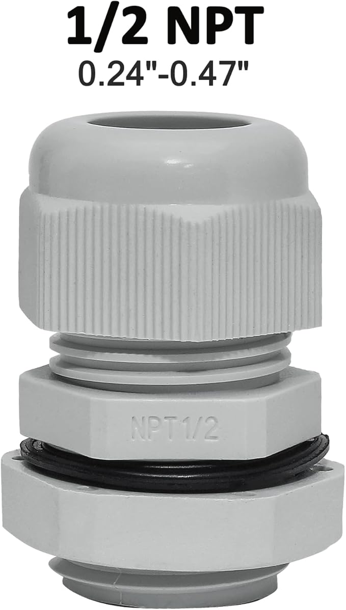 10 Pcs 1/2" NPT Nylon Cable Glands, IP68 Waterproof Adjustable Cord Grip Cable Connector Strain Relief Wire Protectors for 6-12mm Cable Diameter, Grey