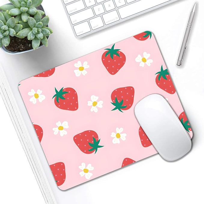 Mouse Pad, Cute Daisy Pink Strawberry Mouse Pads for Desk, 9.5" x 7.9" Non-Slip Rubber Base Computer Mousepad with Women, Portable Square Design for Wireless Mouse and Pad Laptop Office & Travel