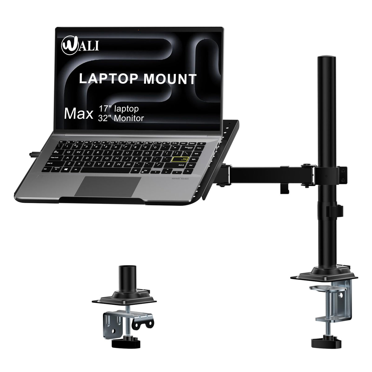 WALI Laptop Desk Mount for 15.6 inch Notebook, Fully Adjustable Single Monitor Arm with Laptop Holder for 32 inch Screen, Laptops Stand with Ventilated Tray, Up to 22 Lbs, (GSDM00LP), Black