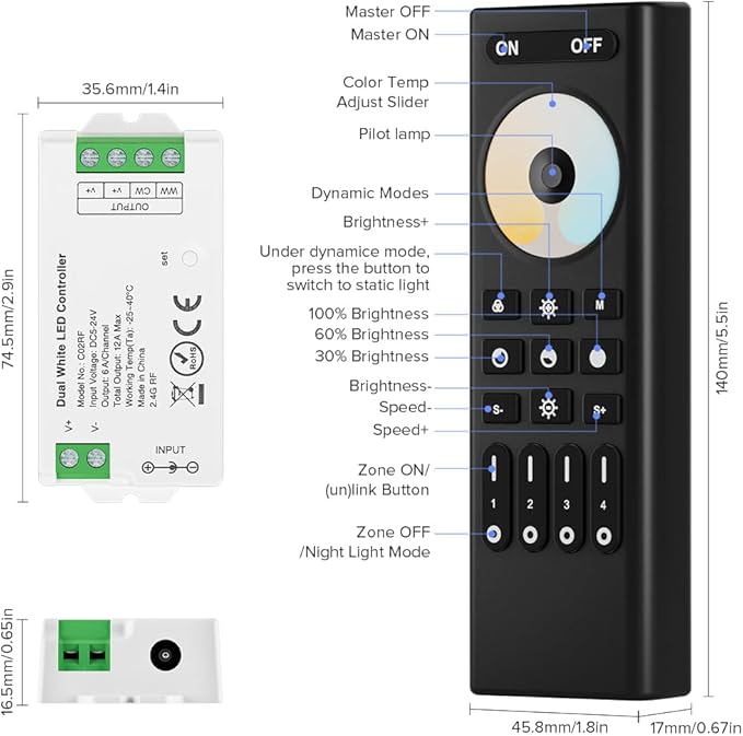 BTF-LIGHTING RF 2.4GHz Wireless Remote RC02RFB &3PCS C02RF Tuya Controller Kit 4 Zone Group Control PWM CCT(+ CW WW) 3pin 5050SMD FCOB COB Dual White LED Strip DC5V DC12V DC24V