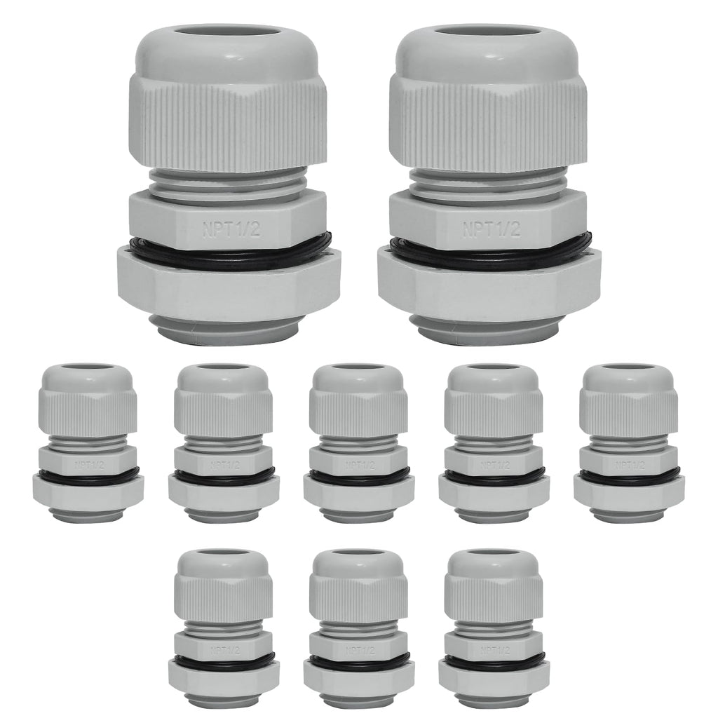 Bonsicoky 1/2" NPT Nylon Cable Glands, Grey, 10 Pcs