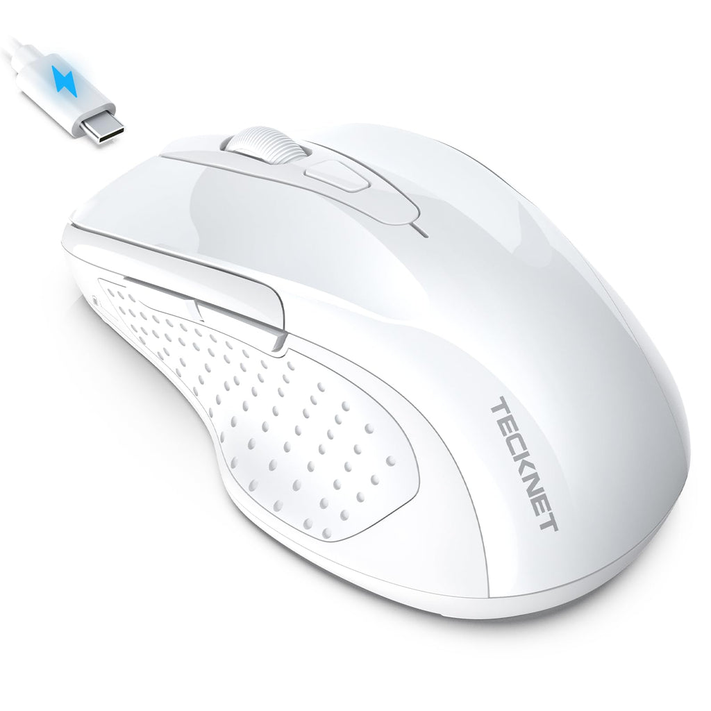 TECKNET Rechargeable Jiggler Wireless Mouse, Dual-Mode Connectivity, White