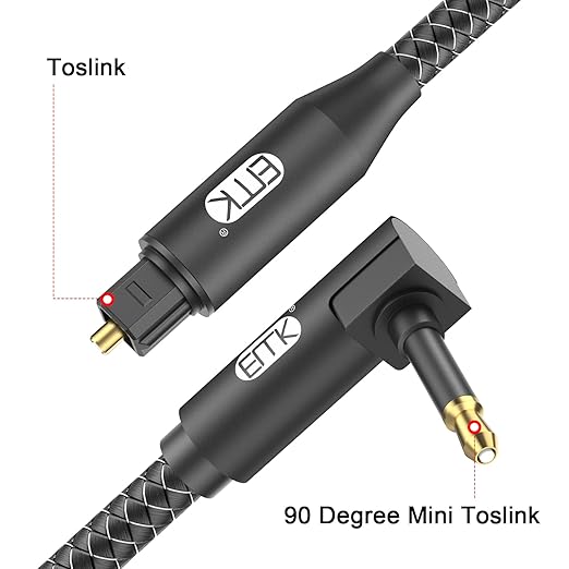 EMK Premium 90° Right-Angle Mini Toslink Cable (3Ft/1M) - 3.5mm Optical Digital Audio Cable for Sound Bars, TVs & Home Theater - SPDIF/Toslink Compatible, Black
