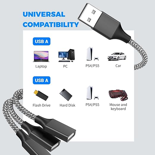 6.6FT USB A Male to 3 Female Extension Cable, USB Splitter 1 in 3 Out Support Charging and Data Transfer for Printer/Keyboard/Flash Drive/PlayStation/Laptop/LED Etc(Black)