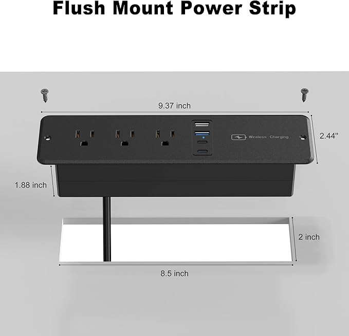 8 in 1 Recessed Power Strip with 15W Wireless Charger, 20W Fast Charging Furniture Outlet, Plug in 3 AC Outlets & 4 USB Ports Flush Mount, 6FT Cord