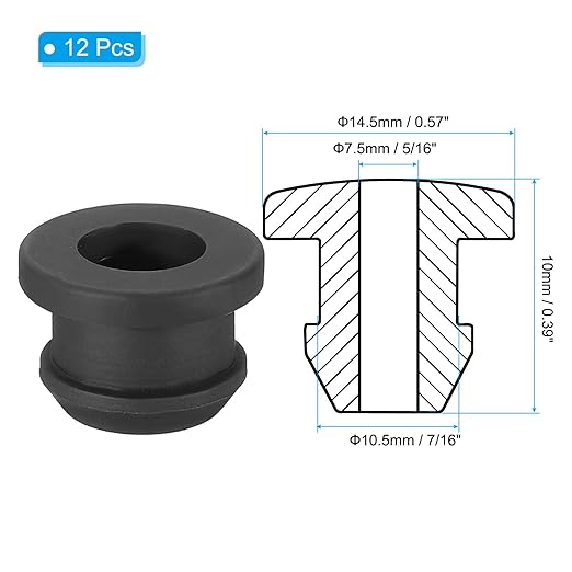 PATIKIL 10.5mm / 7/16 Inch Drill Hole,5/16 Inch ID Rubber Grommets, 12Pcs Top Hat Grommet for Wiring Eyelet Ring Gasket Automotive Firewall Cable Hole Plugs Wires Protection, Black
