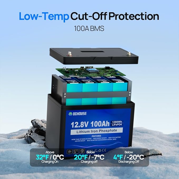 DC HOUSE 12V 100Ah LiFePO4 Trolling Motors Battery with SOC Status Indicators, Bluetooth & Low Temp Cut-Off, 100A Smart BMS, Up to 15000 Cycles for RV, Marine, Boat, Solar Off-Grid