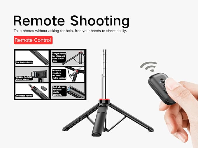 C13D 53" Selfie Stick Tripod with Fill Lights, Bluetooth Remote – Detachable Phone Mount, Dual Light Modes, for iPhone, Android, GoPro & Camera