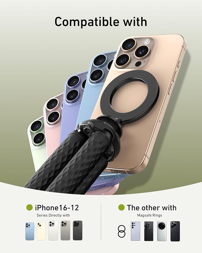 TELESIN Magnetic Flexible Tripod for iPhone, Mini Bendable Tripod Phone Stand for Magsafe Stroller Treadmill Tube Motorcycle Arm Phone Holder Selfie Stick for Video Recording for Phones Action Camera