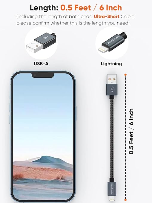 CableCreation Short iPhone Charger Cable 0.5FT/0.15m, USB A to Lightning Cable, Lightning to USB Data Sync Cord [MFi Certified] for iPhone 14/14 Pro, AirPods Pro, iPhone 13/13 Pro/12, iPad Pro, Grey