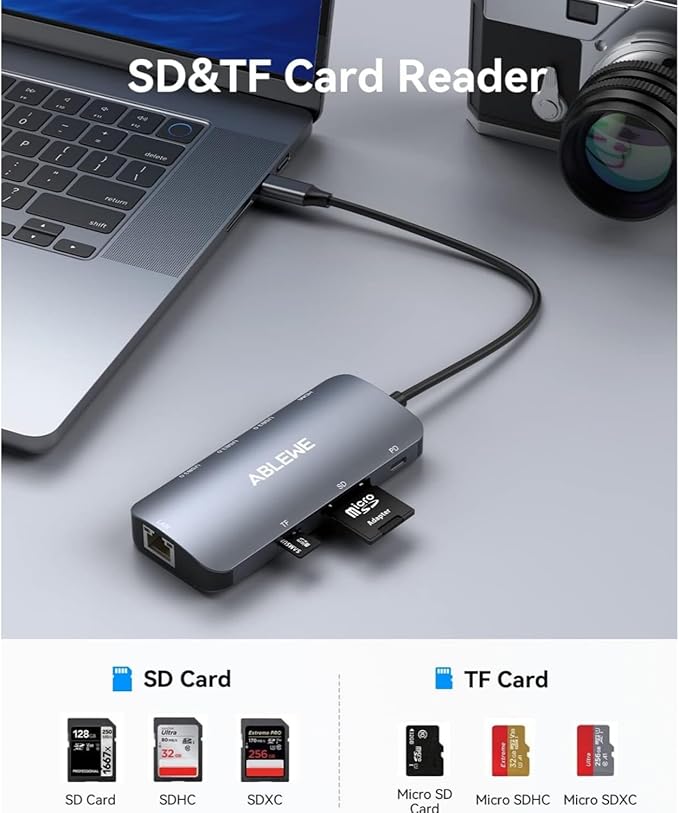 ABLEWE USB C Hub Ethernet, 8 in 1 Multiport USB C to HDMI Adapter 4K@60Hz,1000Mbps, 100W PD, SD/TF Card Reader, 3 USB 3.0 Ports, Docking Station Compatible for MacBook, Tablet, Phone, Type C Devices