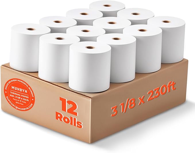 MUNBYN Thermal Receipt Paper 3 1/8 x 230ft, Compatible with Star Micronics TSP100 TSP143 Epson 80mm Receipt Printer Square POS Register Credit Card Terminals, Pos Register Paper BPA Free, 12 Rolls