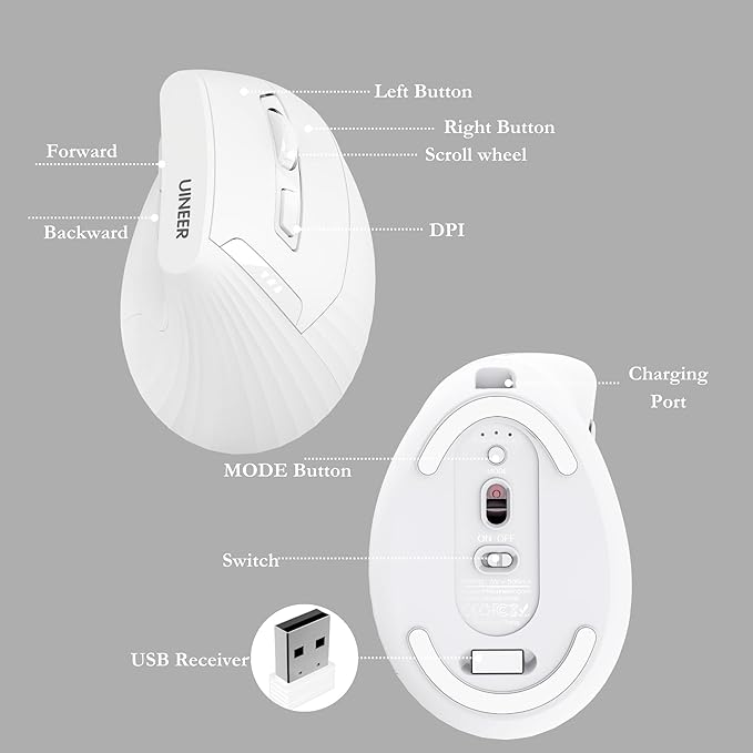 Vertical Wireless Mouse,Bluetooth Mouse with BT5.0/4.0/2.4G, Rechargeable Mouse with Battery Indicator,Ergonomic Design for Comfort and Reduced Wrist Strain, Ideal for Home& Office Use (White)