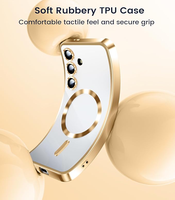 Slim Thin for Samsung Galaxy S25 Case, Compatible with MagSafe, Built-in Camera Lens Protector, Shockproof Protective Phone Case, Soft Electroplated Clear Phone Cover, Gold