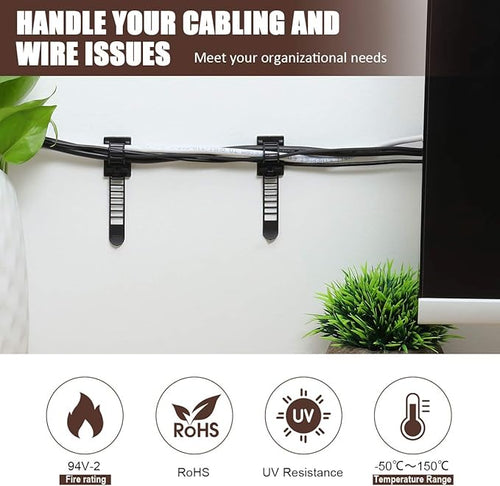50Pcs Adhesive Cable Management Clips with 50Pcs Zip Ties, Adjustable Nylon Cable Strap Ties Wire Clips Clamps Organizer with Strong Adhesive Tape, Extra Screw & Hole - 3.35 Inch Black