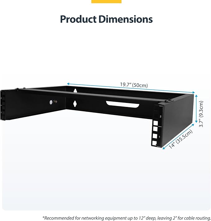 StarTech.com 2U Wall Mount Network Rack - 14 in Deep (Low Profile) - 19" Patch Panel Bracket for Shallow Server, IT Equipment, Network Switches - 77lbs/35kg Weight Capacity, Black (RACK-2U-14-BRACKET)