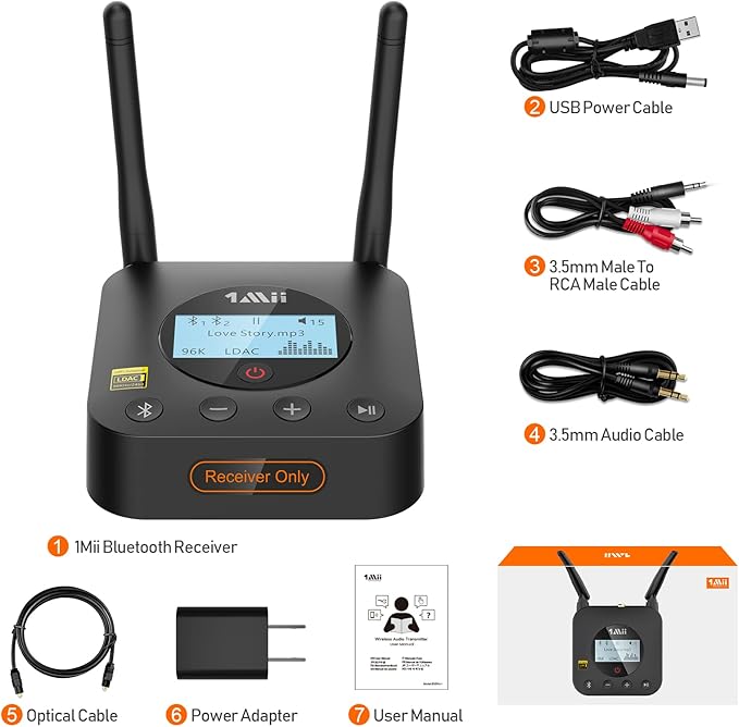 1Mii B06Pro+ Hi-Fi Bluetooth 5.1 Audio Receiver, LDAC Hi-Res Wireless Audio Adapter for Home Stereo w/aptX HD Low Latency, LCD Display, Long Range, Volume Control, 3.5mm AUX Optical Coaxial