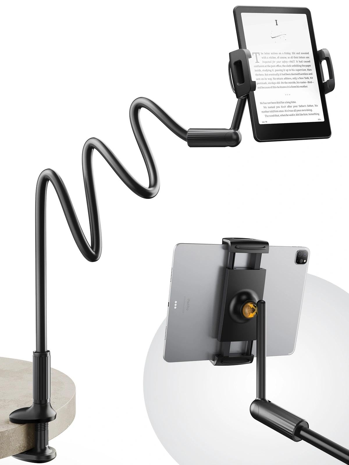 SAIJI Gooseneck Tablet Holder for Bed, One-Hand Adjustable, 47" Length, Upgraded Base, iPad Holder Stand Flexible Lazy Arm, Compatible with iPad/iPhone/Kindle/Switch or Other 4.7-13" Device (White)