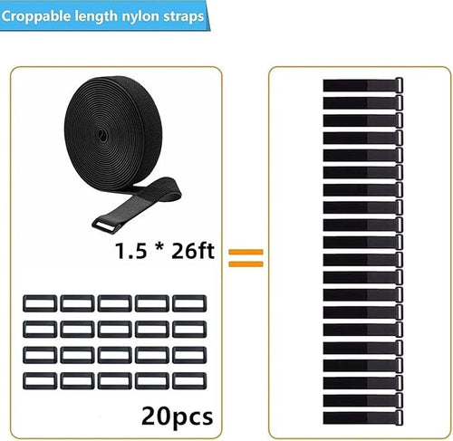 26ft 1.5 Inch Wide Cable Straps, Jumpso Adjustable Fastening Hook and Loop Straps with 20 Buckles, Reusable Nylon Cut-to-Length Cinch Straps for Organizer or Storage, Black