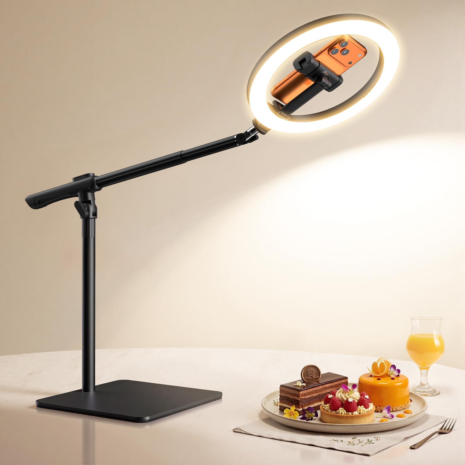 LUXSURE Ring Light with Stand for Desk,Adjustable Overhead Phone Mount with 10" Selfie Light Phone Tripod with Ring Light and Remote, Phone Stand with Light for Video Recording,Live Stream,Cooking