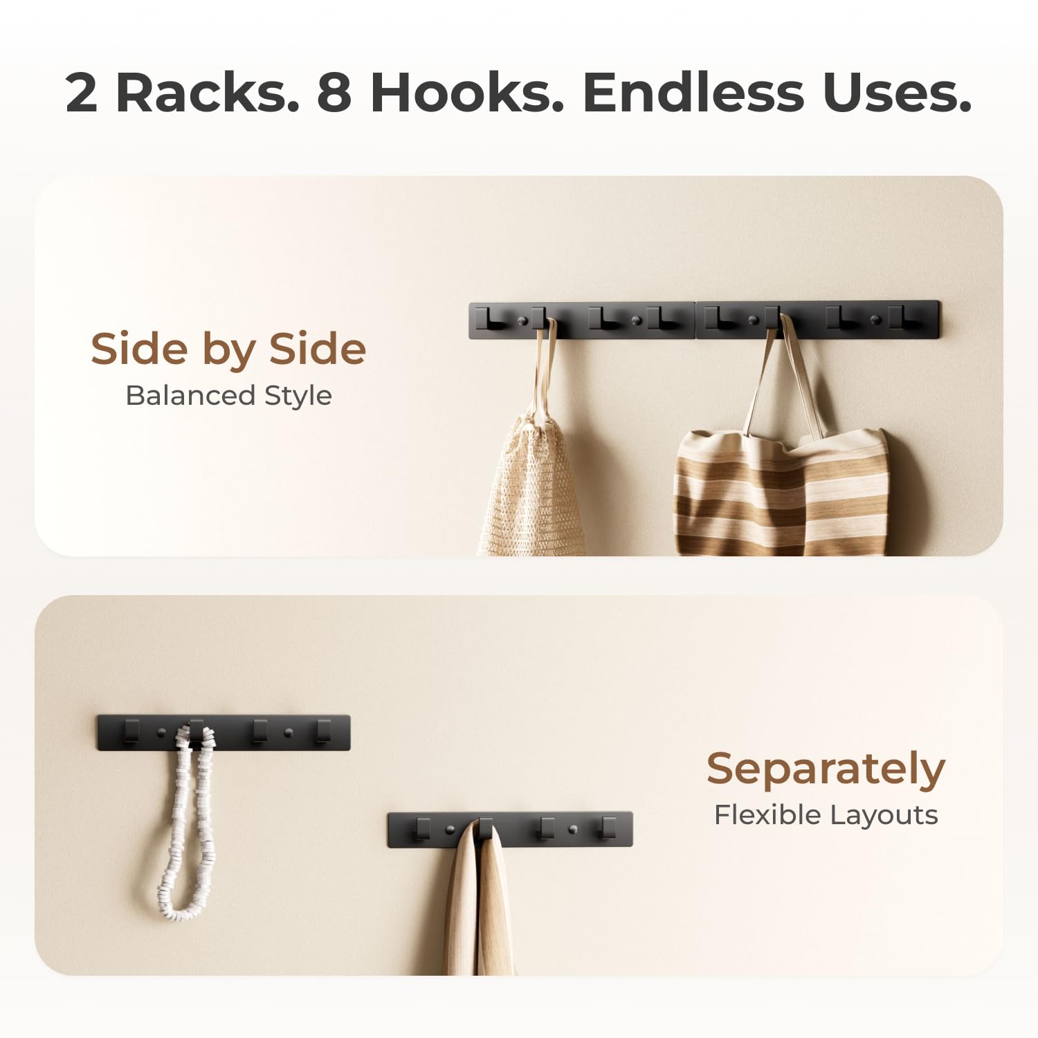 GWAAZXGZ Black Wall Mounted Coat Rack, 8 Right-Angle Hooks, 25 inch