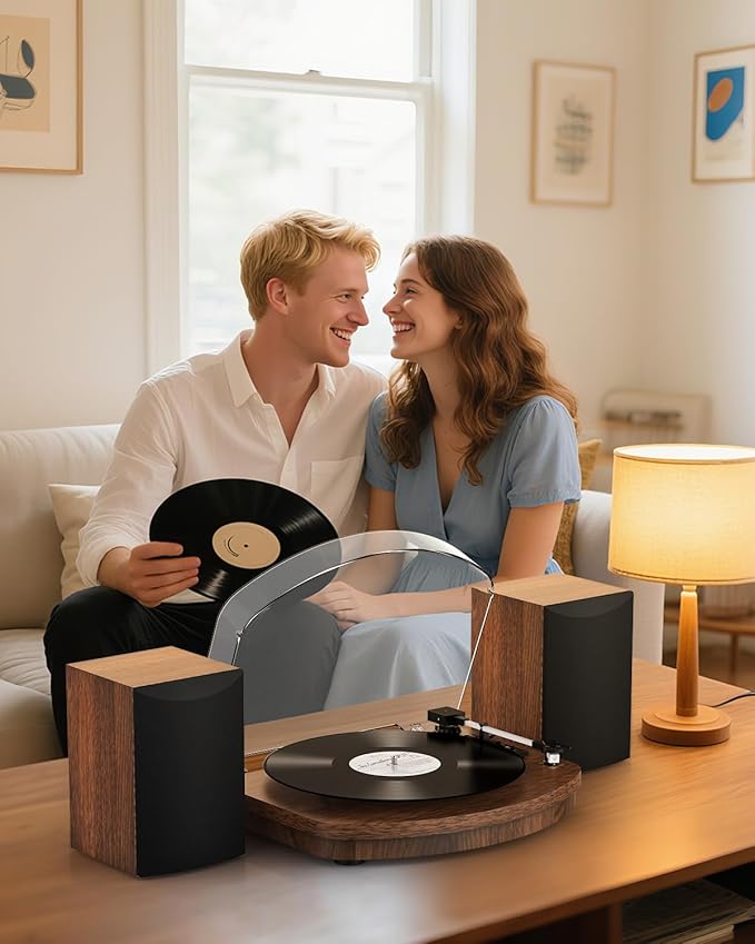 Vinyl Record Player with Dual Stereo Speakers, Belt Drive Turntable with Bluetooth Input 3 Speed Playback AT-3600L Cartridge RCA Out Vintage Turntable