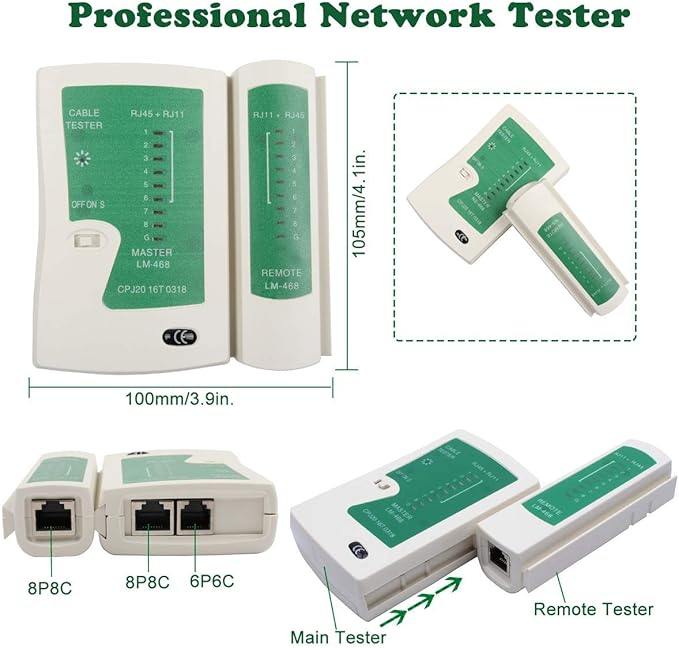 Delgada RJ45 Ethernet Network Crimping Tool Kit for Cat6 Cat5e Cat5 Crimp Tool, with 10pcs Cat5 Cat5e Connectors, 10pcs Covers, Network Cable Tester, Cutter and Stripper