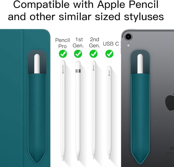 MoKo Pencil Holder Sticker Fit Apple Pencil Pro, Apple Pencil (USB-C), Apple Pencil 1st/2nd Generation, Elastic Pencil Pocket Pouch Adhesive Sleeve Attached to iPad Case for Stylus Pens,Midnight Green