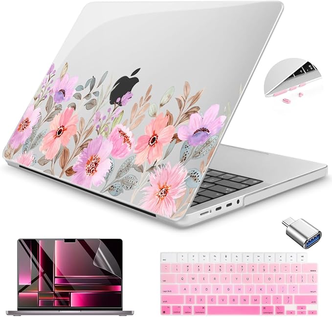 Teryeefi for 2024 2023 2021 MacBook Pro 14 inch Case M4/M3/M2/M1 (Model A3112 A3401 A3185 A2918 A2992 A2779 A2442), Plastic Hard Shell & Keyboard Cover & Type C Adapter - Pink Flower Garden-A
