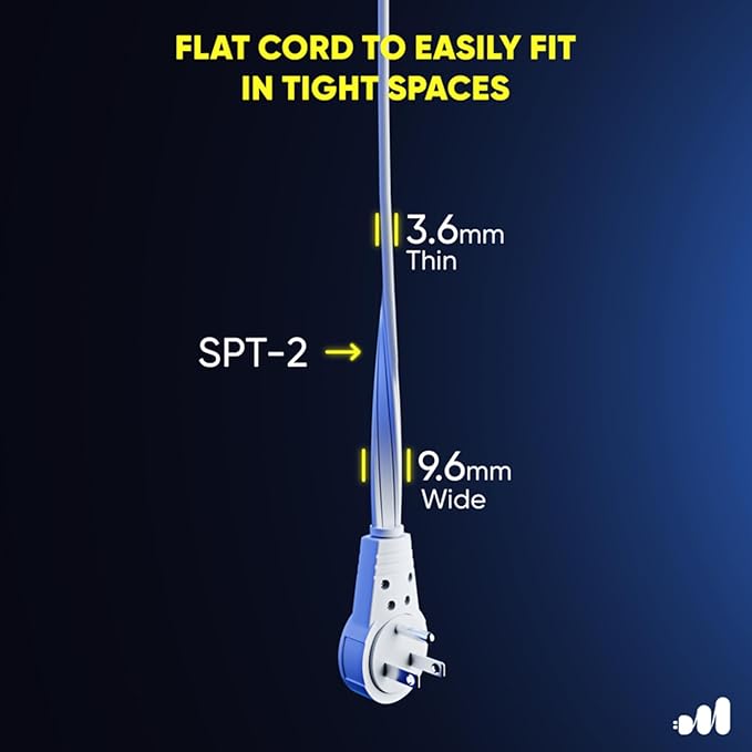 Maximm Cable 12 Ft 360° Rotating Flat Plug Extension Cord, 16/3 AWG Multi 3 Outlet 3-Prong Grounded Wire- White - UL Certified