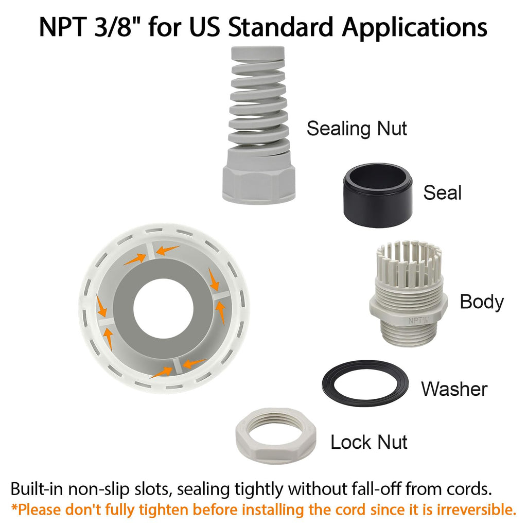 LeMotech 10Pcs NPT 3/8" IP68 Waterproof Cable Gland Flex Spiral Strain Relief Grey Nylon Joint with Gaskets for 5-10mm Wire Thread
