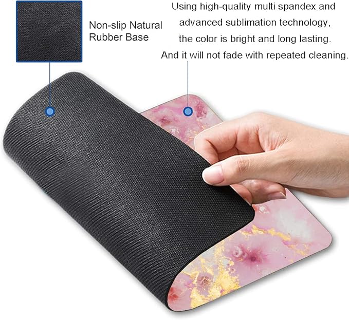 Mouse Pad, Cute Pink Gold Marble Mouse Pads with Design, Square Washable Cloth Personalized Mouse Mat, Gaming Office Home Non-Slip Rubber Base Computer Mousepad