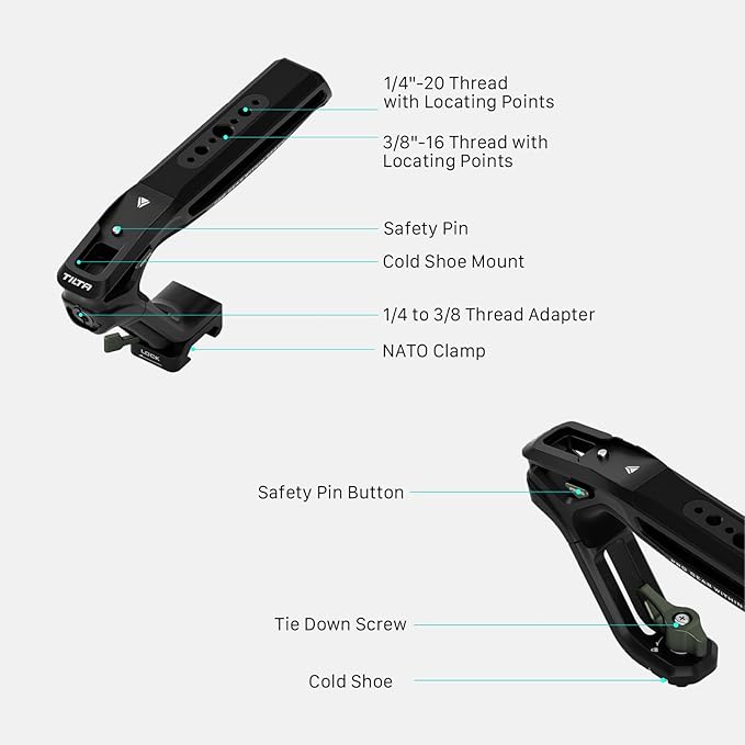 Tilta Xeno Top Handle for Filmmakers & Cameras - Titanium Gray | Aluminum Alloy and Silicone Build | 1/4″-20 and 3/8″-16 Threads w/Locating Points | Safety Release Pin | Comfortable Handling (NATO)
