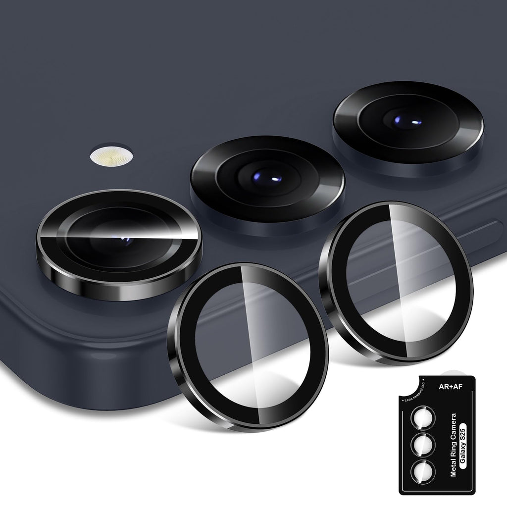 Avocase for Samsung Galaxy S25 Camera Lens Protector, Individual Metal Ring Tempered Glass Lens Cover, [Strong Adsorption] Scratch Resistant Ultra-Thin HD Clear Lens Cover, 1 Set-Black Ring