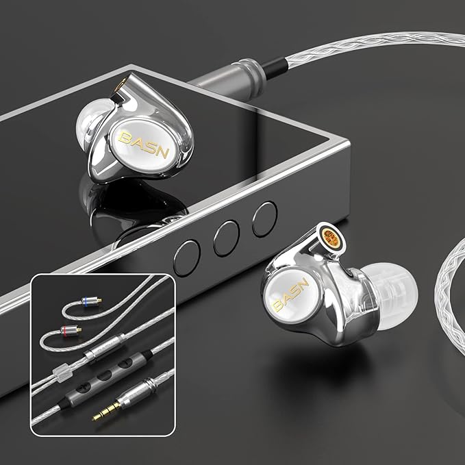 BASN Metalen PRO 4 Drivers in-Ear Monitors Headphones for Musicians, Noise Isolating Enhanced Bass Sound Earphones with CNC Metal Craft Shell, Wired Upgraded Detachable MMCX Cables(White)