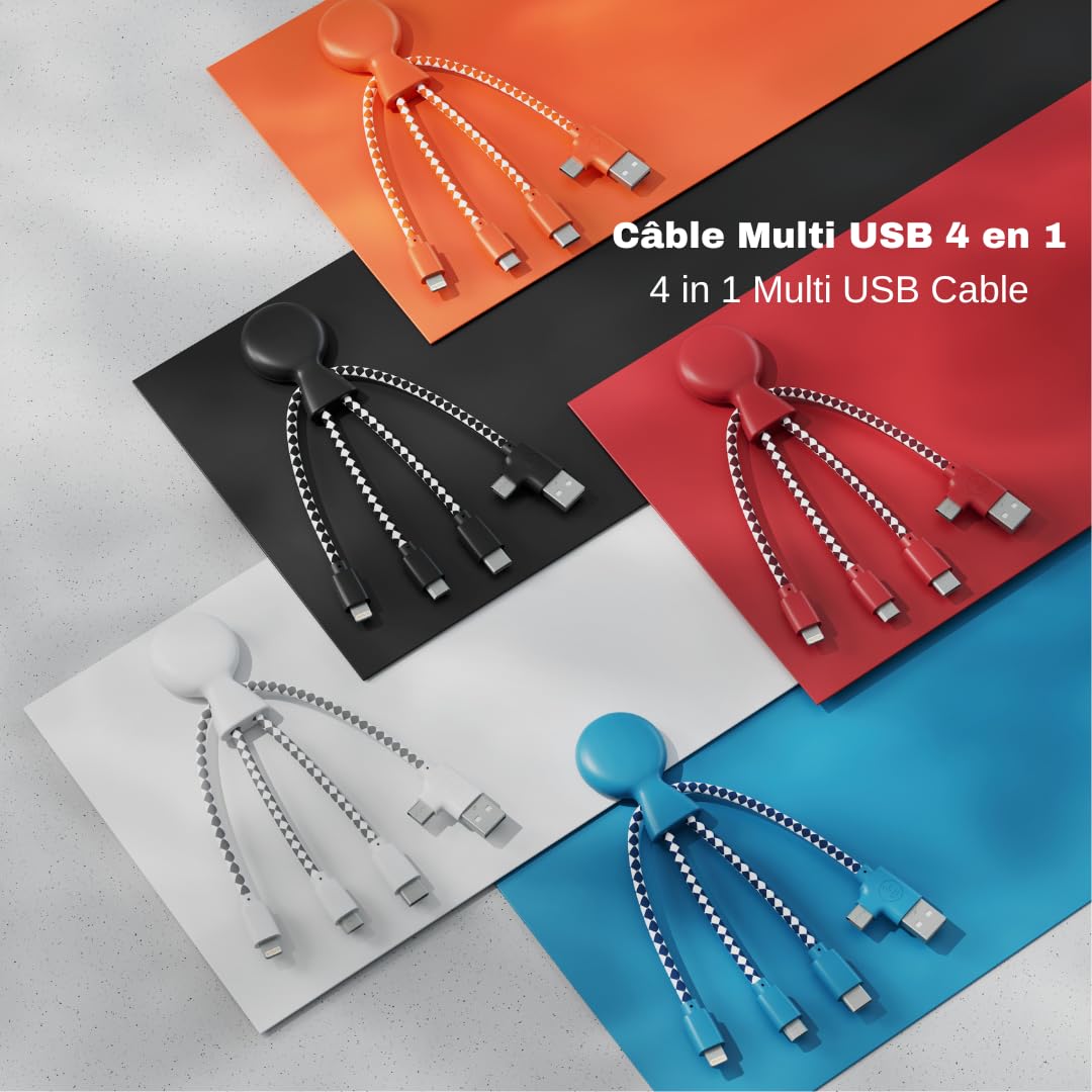 Xoopar Multi USB Cable 4 in 1 - Universal Charger Made from Recycled Plastic - USB, USB-C, Lighting, Micro USB Ports - Compatible with All Smartphones Mr Bio RED Octopus