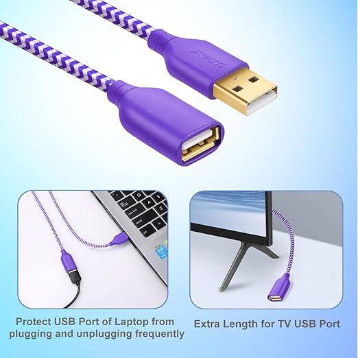 OKRAY USB Extender, 2 Pack 6 Feet USB 2.0 Extension Cable, Durable Nylon Braided Type A Male to A Female Cord Data Transfer Extender Cable for Printer, USB Flash Drive/Game Controller (Purple Green)