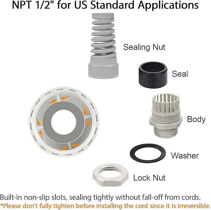LeMotech 20Pcs NPT 1/2" IP68 Waterproof Cable Gland Flex Spiral Strain Relief Grey Nylon Joint with Gaskets for 6-12mm Wire Thread