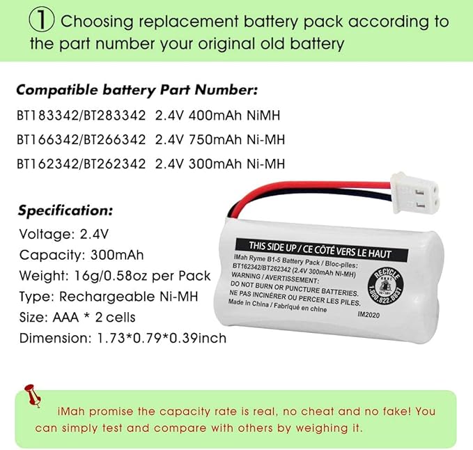iMah BT162342/BT262342 2.4V 300mAh Ni-MH Cordless Phone Battery Pack, Also Compatible with BT183342/BT283342 AT&T EL52351 TL90070 VTech CS5119 DS6511 DS6722 LS6305 Handset, 4-Pack