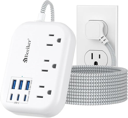 Beeiker Short Extension Cord 2 Foot Travel Power Strip 6 USB 3 Outlets