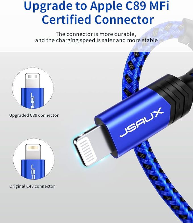JSAUX Apple MFi Certified Lightning Cable 6ft, iPhone Charger Cable Nylon Braided Heavy Duty, Upgraded C89 USB Lightning Cord for iPhone 11 Xs Max X XR 8 7 6s 6 Plus SE 5 5s, iPad, iPod-Blue