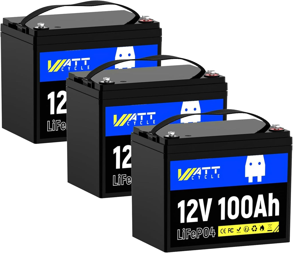 WattCycle 12V 100Ah LiFePO4 Lithium Battery 3 Pack - BCI Group 24, 15000 Cycles, Built-in 100A BMS, Low-Temperature Protection - Ideal for RVs, Golf Cart, Home Energy Storage, Marine (3 Pack)