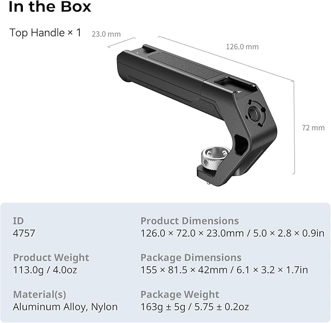 SMALLRIG Lightweight Top Handle with 3/8"-16 Locating Pins for ARRI, Tiny Camera Top Handle Only 113g, High-Strength Engineering Plastic Handle with Two Cold Shoe Mounts - 4757
