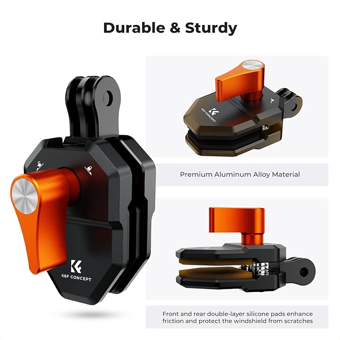 K&F Concept Motorcycle Windshield Clip Mount for GoPro Hero 13/12/11/10/9 Black, Aluminum Alloy Camera Clamp with 1/4” Adapter for DJI Osmo Action 3/4/5 Pro Insta360 X5/X4, Action Camera Accessories