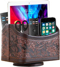 Fanousy 360° Rotating Remote Control Holder, PU Leather TV Remote Caddy Organizer Basket Storage Box with 5 Compartments for Pen, Pencil, Art Supplies, Makeup Brush, Office Desk Table Accessories
