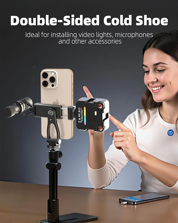 All Metal Phone Tripod Mount, 360° Rotation Tripod Phone Mount with 2 Cold Shoes, Adjustable Cell Phone Mount Adapter with 1/4" Thread, Compatible with iPhone Android Phones, Digital Camera