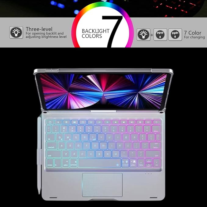 Rotatable Keyboard Case for iPad Air 11 Inch (M3/M2)/ Air5/Air4/iPad Pro11 2022/2021/2020, Backlits Bluetooth Touchpad Keyboard Smart Cover with Pencil Holder, Silver