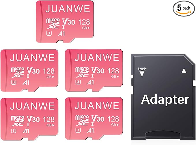 JUANWE 128GB Micro SD Card 5 Pack SD Card MicroSDXC Flash Memory Card 128 GB, A1 U3 V30 4K Video Recording 128GB TF Cards with Adapter for Phone, Dash Cam, Security Camera (5 Pack, Pink)